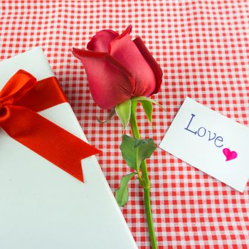 Red rose with message card. Image of Valentines day.