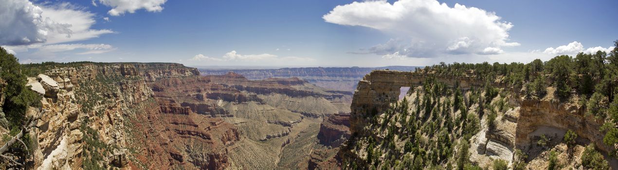 A panoramic image of Angel's Window at the Grand Canyon.