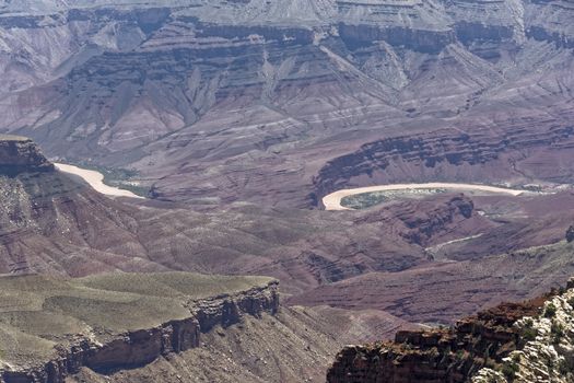 Two visible sections of the Colorado River in the Grand Canyon.
