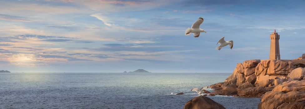 Panoramic landscape of Mean Ruz Lighthouse and pink granite coast in Ploumanac'h near Perros-Guirec in Brittany, Famous Place in France