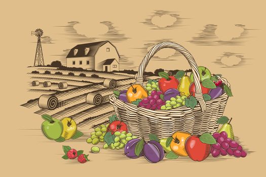 Fruit basket and farm in woodcut style.