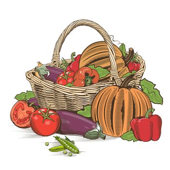 Vegetable basket on white background in woodcut style.