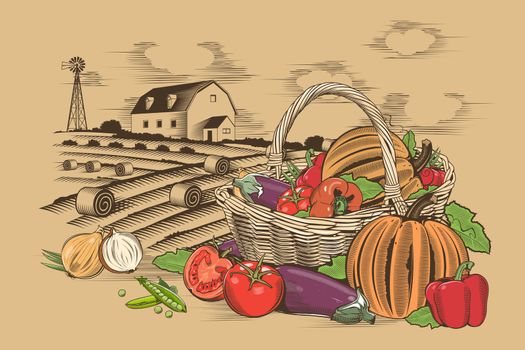 Vegetable basket and farm in woodcut style.