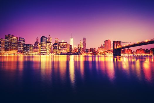 View of Manhattan at sunset, New York City. Special photographic processing.