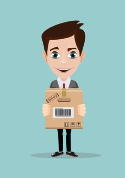 delivery service man with cardboard box illustration isolated on background.
