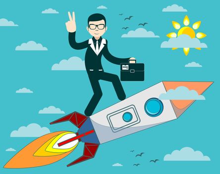 businessman flying on a rocket on blue sky background, business concept startup