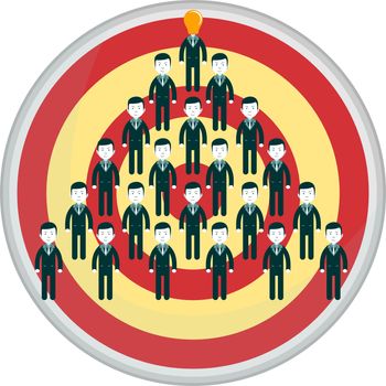 Conceptual vector illustration of stick figures standing in the shape of an arrow aim at target. Stock vector illustration