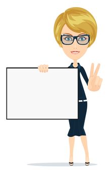 Businesswoman in suit with blank paper shows sign of victory on his fingers. Vector, flat, illustration