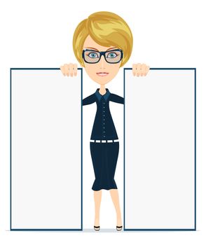 Businesswoman in suit with blank paper . Vector, flat, illustration