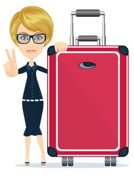 Businesswoman or manager traveling with a suitcase . Stock vector illustration
