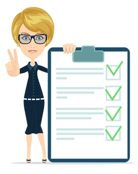 funny businesswoman with checklist. Stock vector illustration