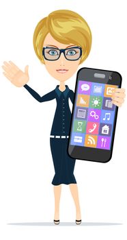 Vector illustration of a cartoon Beautiful Businesswoman is holding in his hand Smartphone.