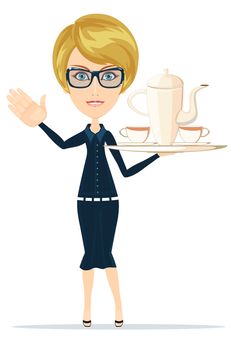 Waitress Slender girl carrying a tray with tea. Stock  illustration