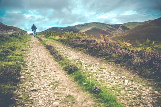 Vintage Style Image Of A Senior Man Hiking In The Scottish Countryside