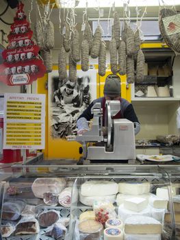 Cremona weekly street market, food, flowes, clothing and local people, winter, January 2017.