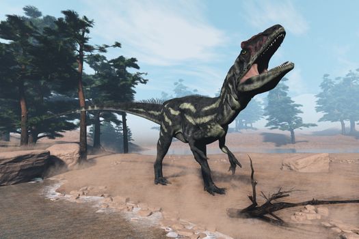 Allosaurus dinosaur walking and roaring on the shorefront next to pine trees by day - 3D render