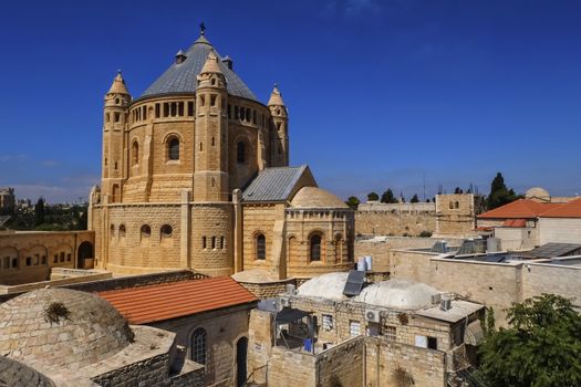 Benedictine abbey of the Dormition on Mount Zion by day, Jerusalem, Israel