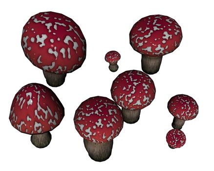 Red amanita muscaria mushrooms isolated in white background - 3D render