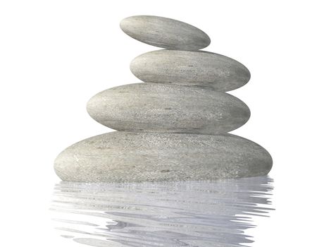 Zen stones balance upon water in white background - 3D render