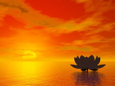 Silhouette of a lotus flower on the water by red sunset