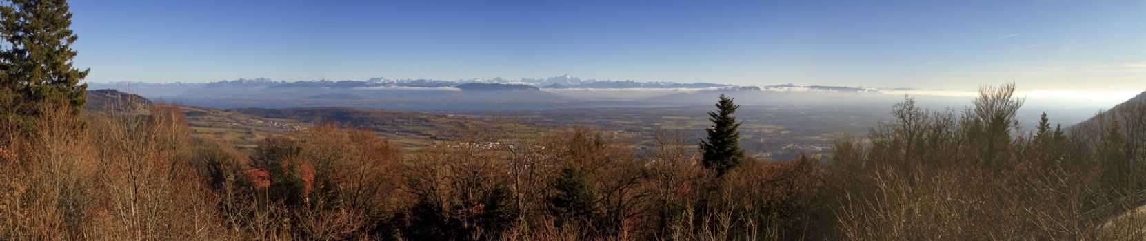 Panoramic view on Mont Blanc massif and Alps mountains from Jura passby winter, France