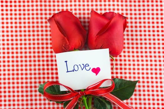 Red rose with message card. Image of Valentines day.