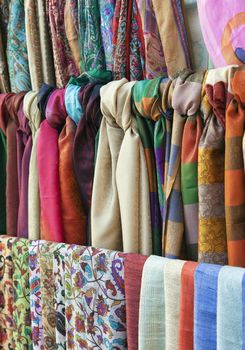 Colorful scarves on an oriental bazaar market in Khiva, Uzbekistan