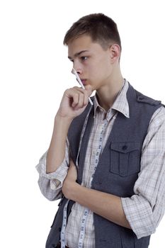 Young man tailor at work on white background