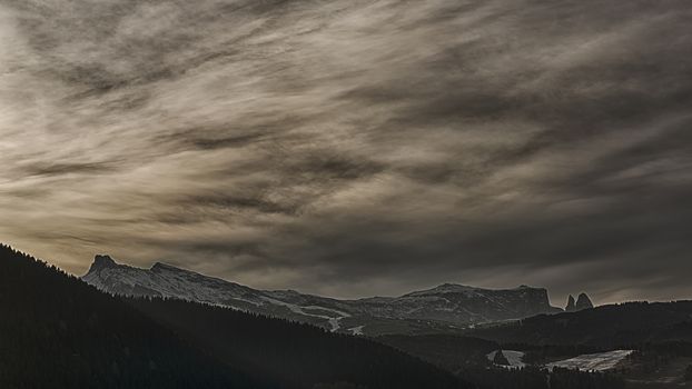 pastel colors at sunset over the Alpe di Siusi on a freezing January afternoon