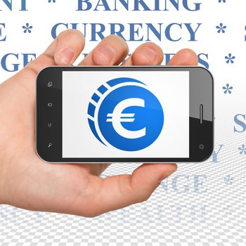 Currency concept: Hand Holding Smartphone with  blue Euro Coin icon on display,  Tag Cloud background, 3D rendering