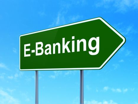 Money concept: E-Banking on green road highway sign, clear blue sky background, 3D rendering