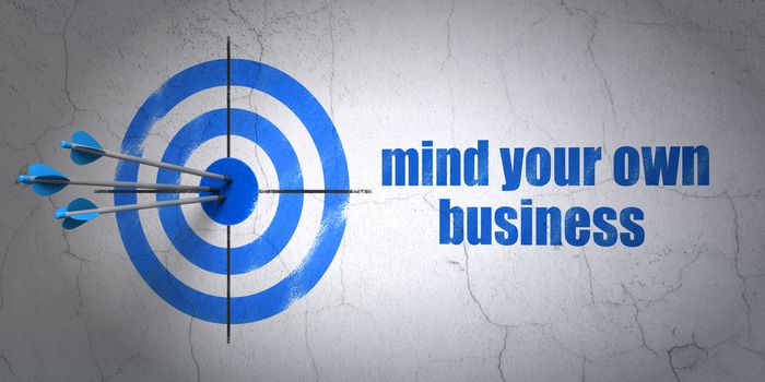 Success business concept: arrows hitting the center of target, Blue Mind Your own Business on wall background, 3D rendering