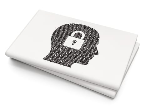 Finance concept: Pixelated black Head With Padlock icon on Blank Newspaper background, 3D rendering