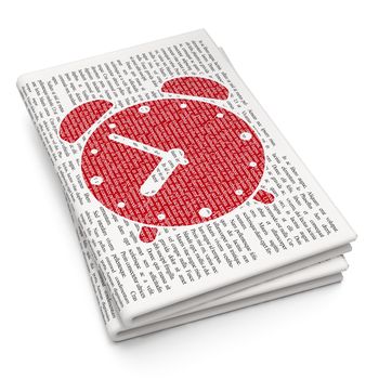 Timeline concept: Pixelated red Alarm Clock icon on Newspaper background, 3D rendering