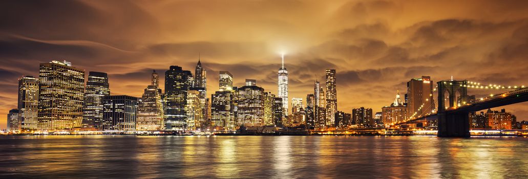 Manhattan at sunset, New York City. View from Brooklyn