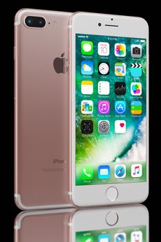 Galati, Romania – September 28, 2016: Isolated 3d rendering of Rose Gold iPhone 7 Plus on black background. Devices displaying the applications on the home screen. The iPhone 7 Plus is smart phone with multi touch screen produced by Apple Computer, Inc.