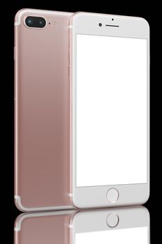 Rose Gold SmartPhone Plus with dual photo camera on black background. Devices displaying blank screen. 