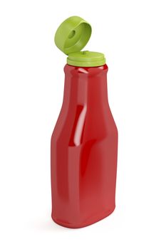 Open ketchup bottle on white background 