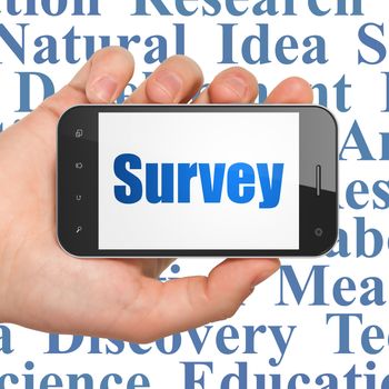 Science concept: Hand Holding Smartphone with  blue text Survey on display,  Tag Cloud background, 3D rendering