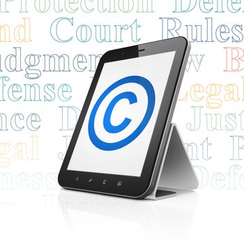 Law concept: Tablet Computer with  blue Copyright icon on display,  Tag Cloud background, 3D rendering