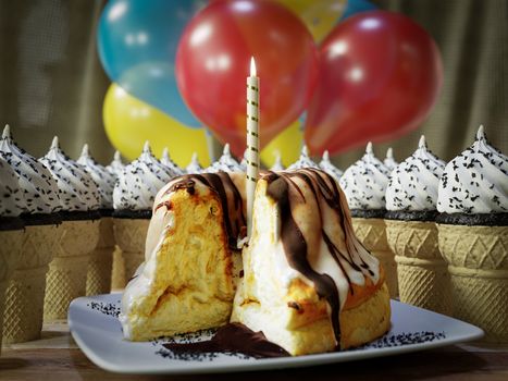 Many ice cream cones and  birthday cake on the wooden vintage table conceptual photo