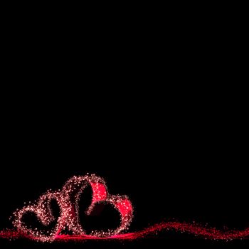 Two magic shiny red hearts with sparks isolated on black background, Valentine day concept
