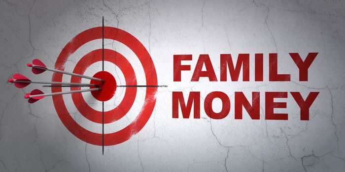Success banking concept: arrows hitting the center of target, Red Family Money on wall background, 3D rendering