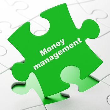 Currency concept: Money Management on Green puzzle pieces background, 3D rendering