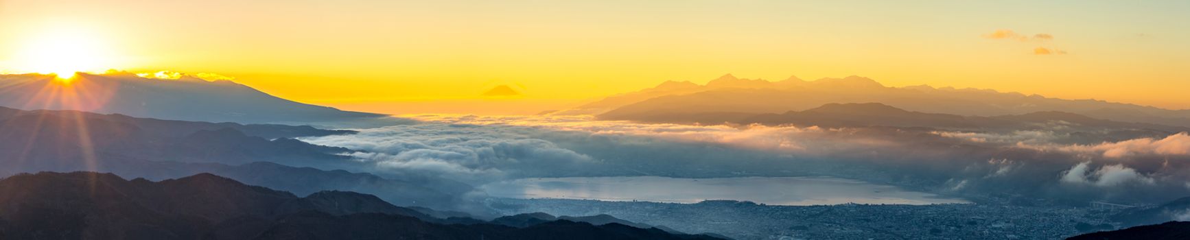 aerial Mount Fuji with Suwako Lake sunrise Takabochi panorama