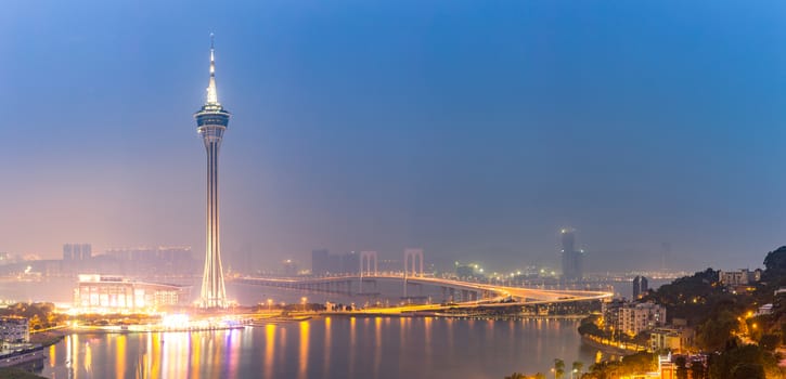 Macau Tower woth urban ladscape, Macao China at night