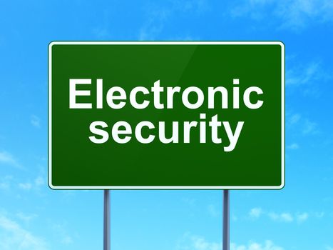 Protection concept: Electronic Security on green road highway sign, clear blue sky background, 3D rendering