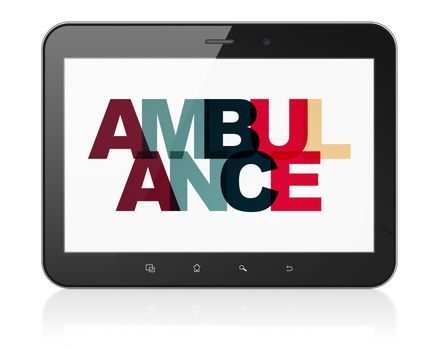 Healthcare concept: Tablet Computer with Painted multicolor text Ambulance on display, 3D rendering