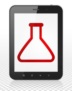 Science concept: Tablet Pc Computer with red Flask icon on display, 3D rendering
