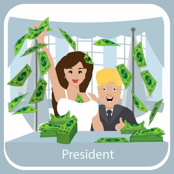 Donald Trump with his wife girlfriend. White House many dollar. illustration.